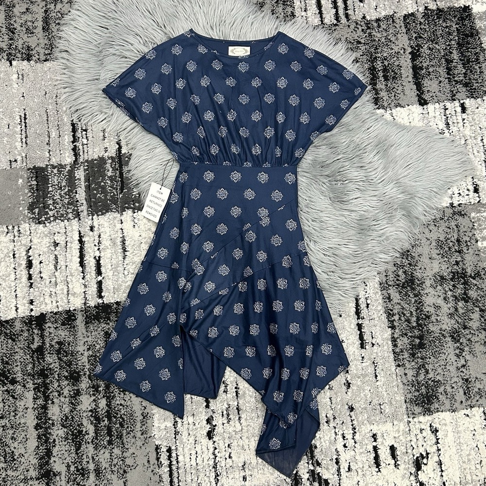 Joyfolie Mia Joy Girls Stretchy Dress Size 7 Navy Blue Medallion Asymmetric Hem